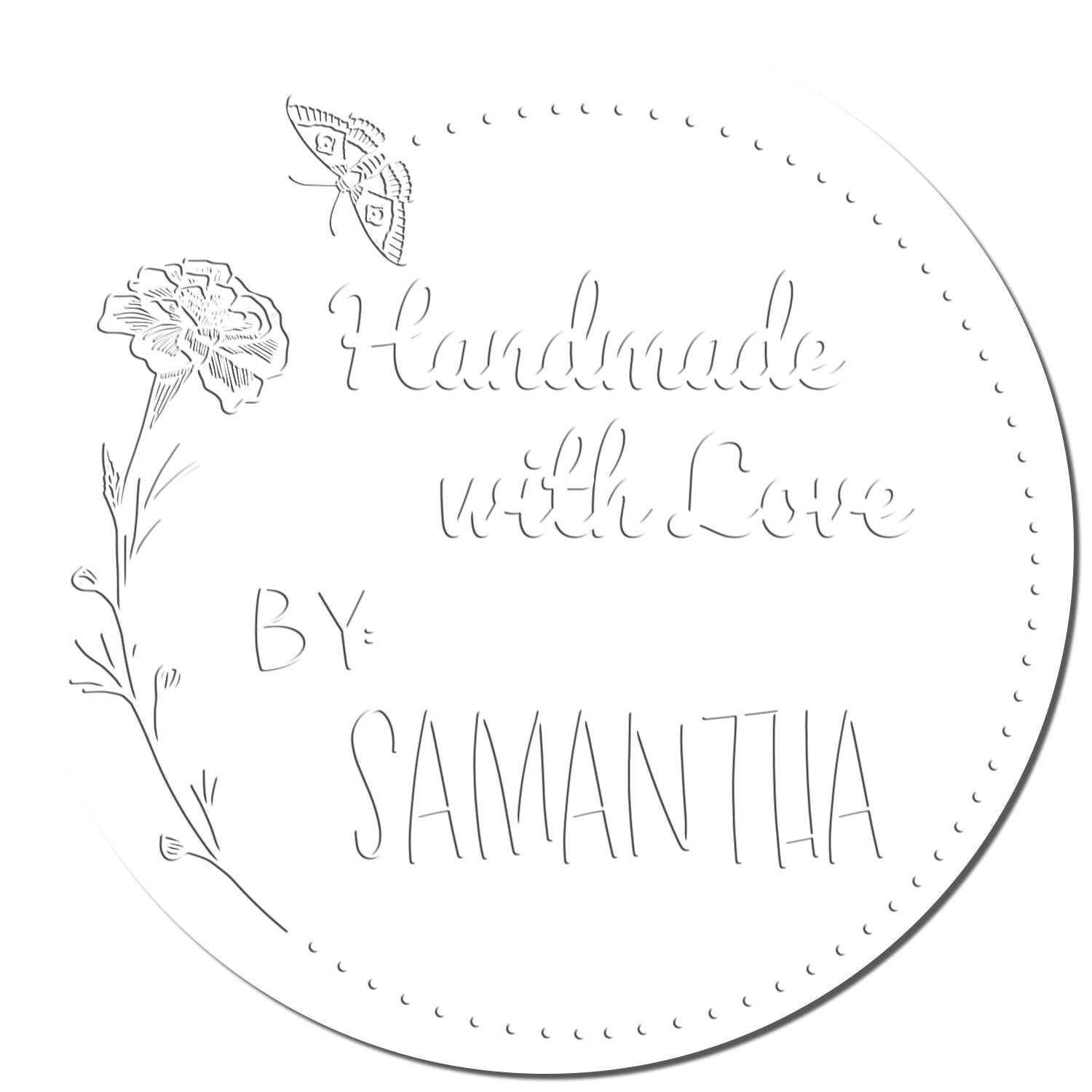 White round stamp seal with gray line art butterfly, flower, and embossed Handmade with Love by Samantha text