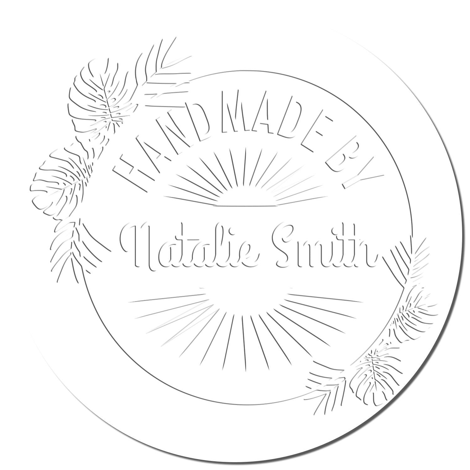 White circular stamp seal with leaf accents and sunburst lines, featuring raised Handmade by Natalie Smith text.