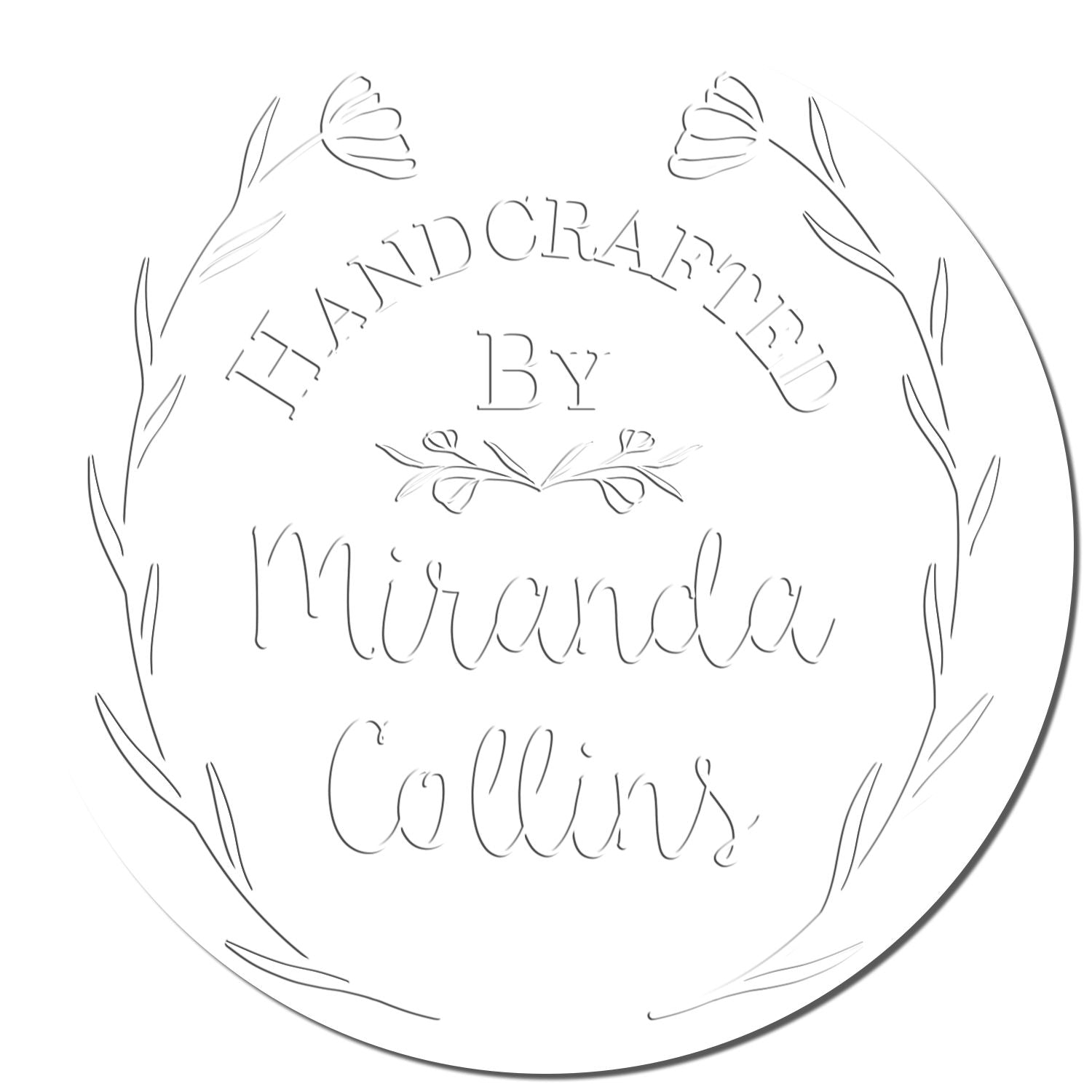 White circular stamp seal with gray floral border and text, Hand Crafted By Miranda Collins, in elegant script.