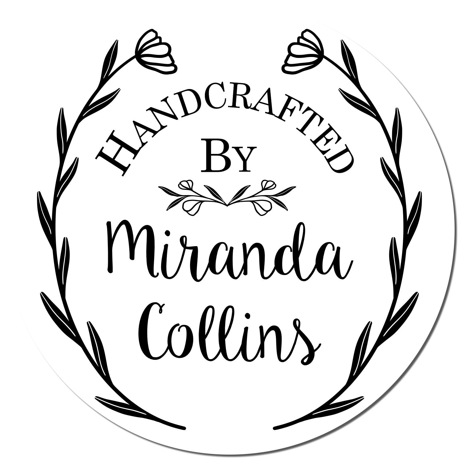 Black-and-white round stamp seal with floral wreath and Handcrafted by Miranda Collins text.