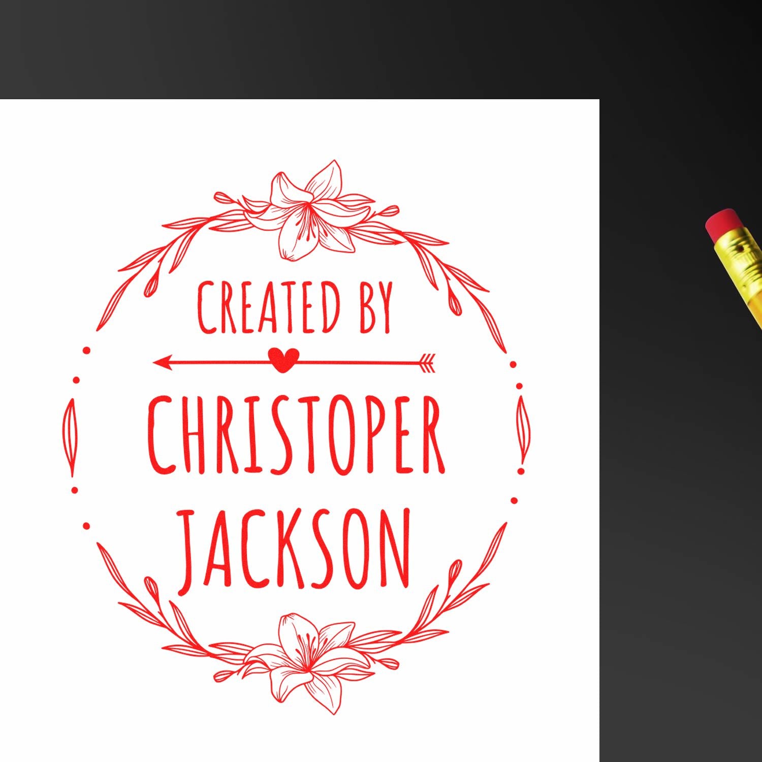 Red custom stamp seal with floral wreath and Created by Christoper Jackson text on white background.