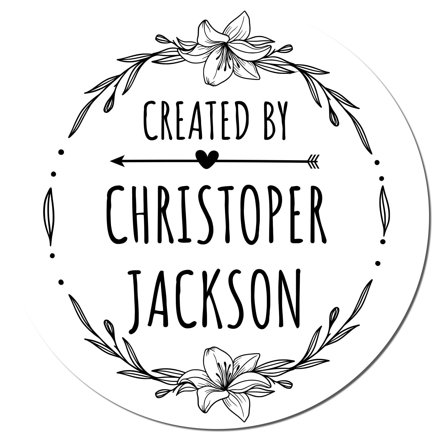 Black-and-white circular stamp seal with floral wreath, heart arrow, and bold text reading Created by Christopher Jackson.