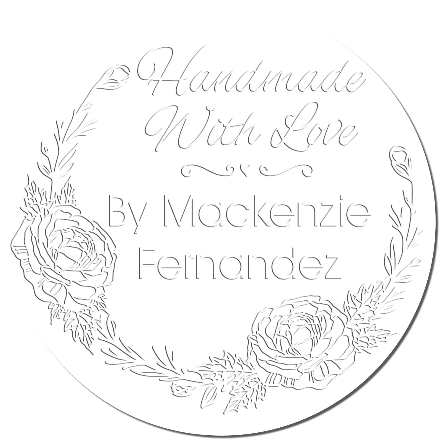 White round handmade stamp seal with gray floral wreath and script text: Handmade With Love by Mackenzie Fernandez.