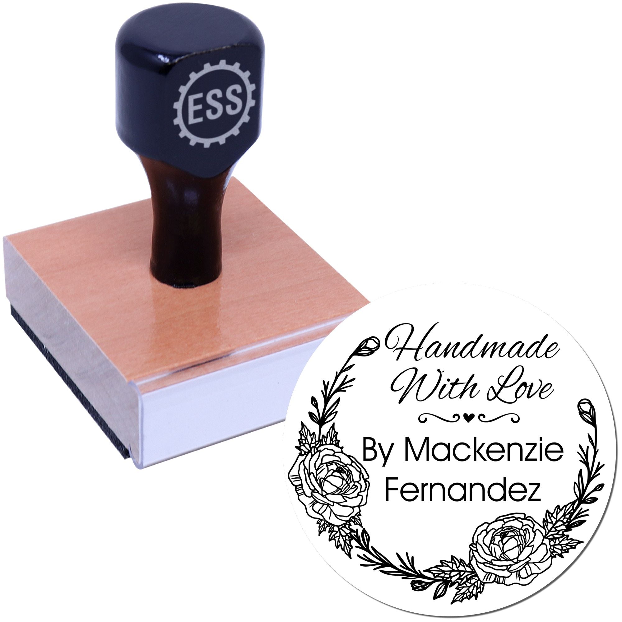 Custom black ESS stamp on rose-gold handle with white handmade seal reading Handmade With Love By Mackenzie Fernandez.