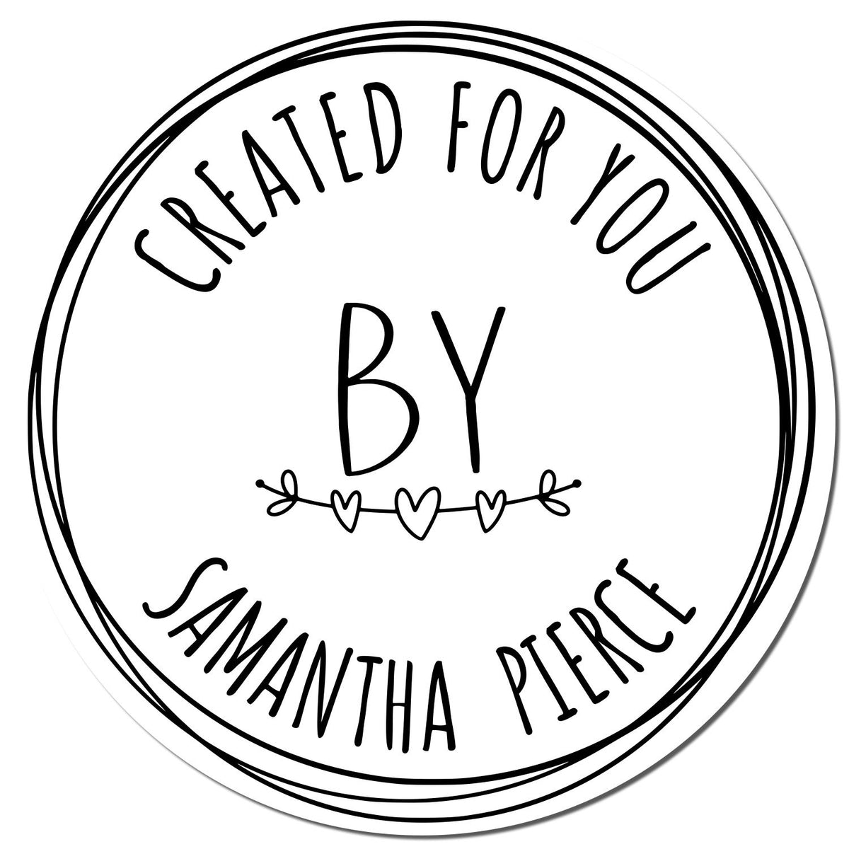 Round handcrafted love rubber stamp by ESS with a black ink imprint, featuring a custom romantic design on a white background.