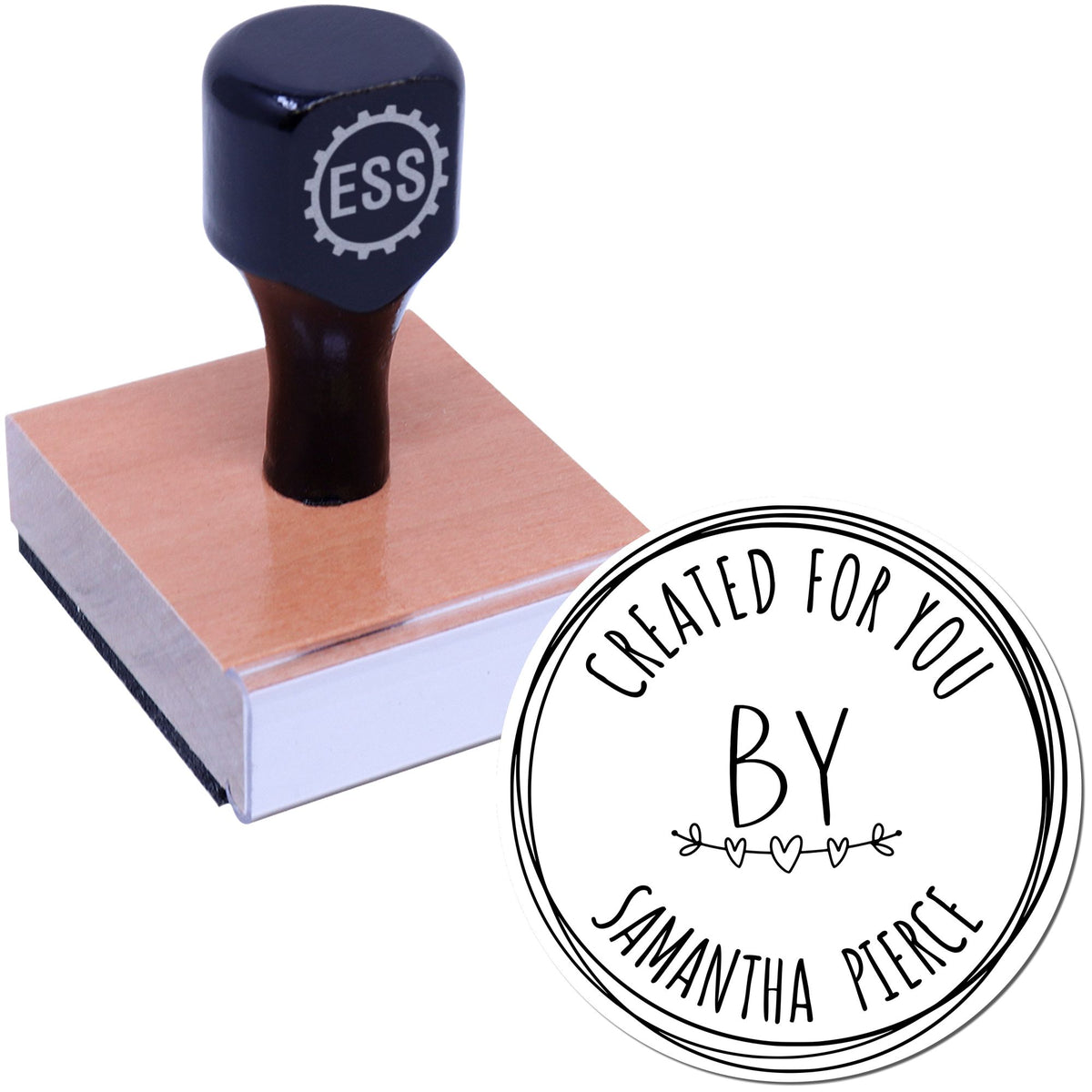 Round handcrafted love rubber stamp by ESS, featuring custom design on black rubber with wooden handle.