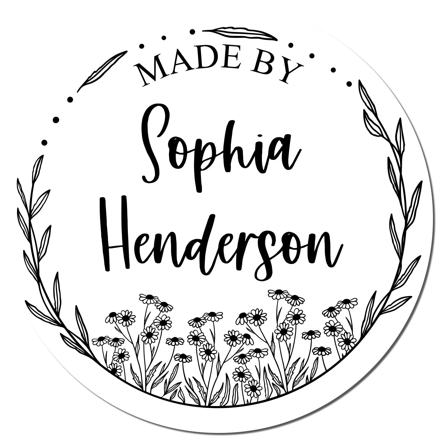 Black-and-white round custom stamp seal reading Made by Sophia Henderson, with floral wreath and daisies.