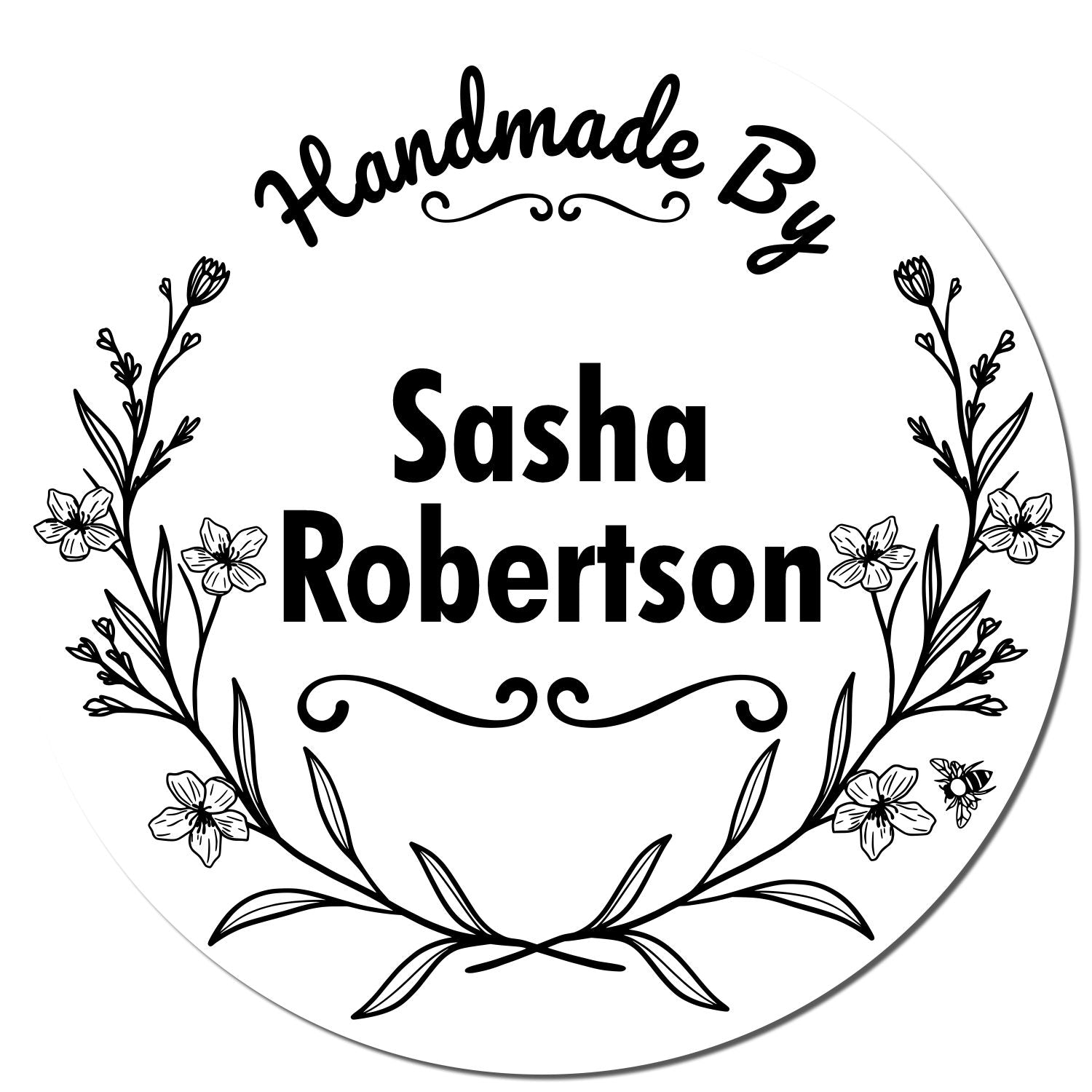 Circular black-and-white handmade stamp seal with floral wreath and Handmade By Sasha Robertson text.