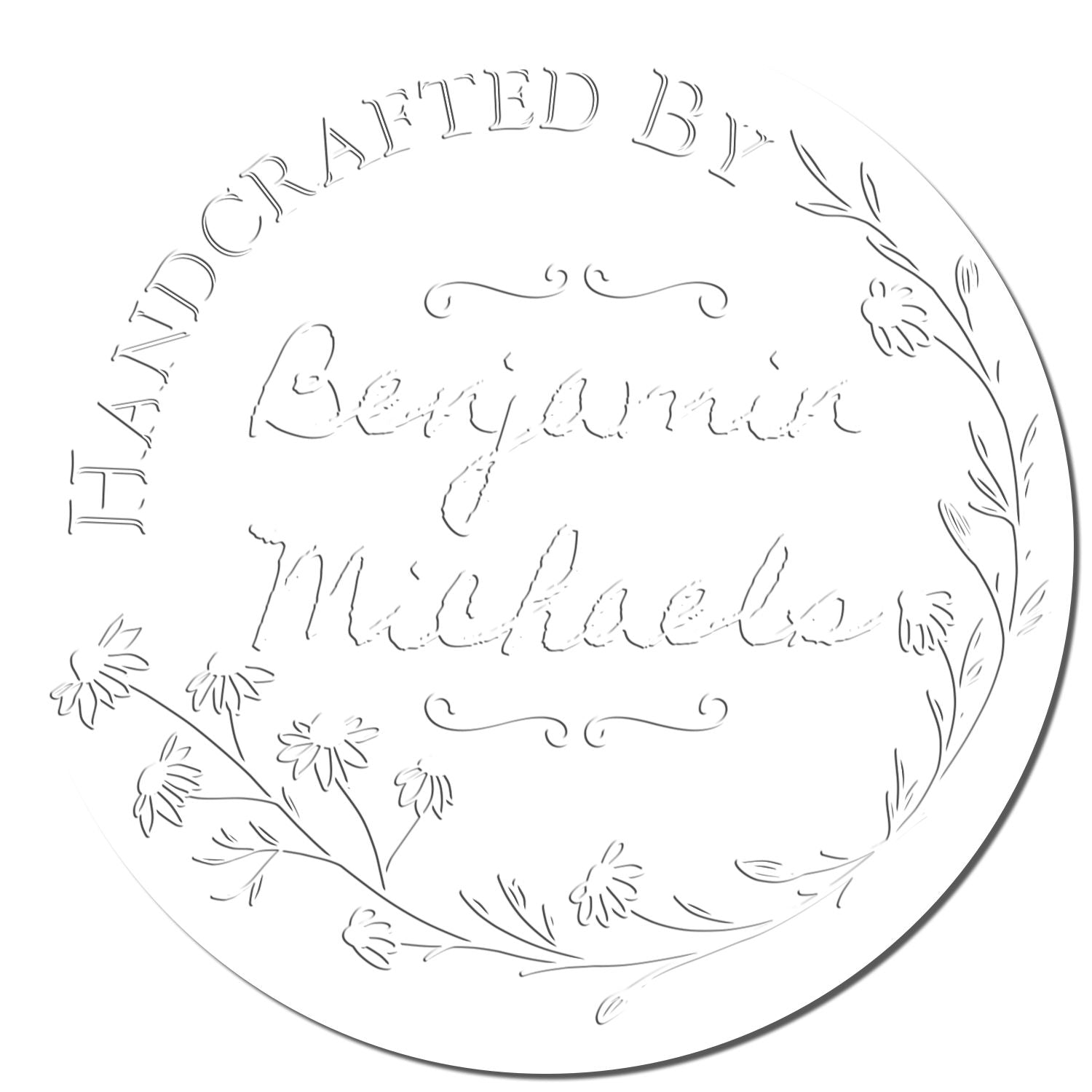 Round white embossed seal stamp with floral wreath, decorative script, and Handcrafted by Benjamin Michael text.