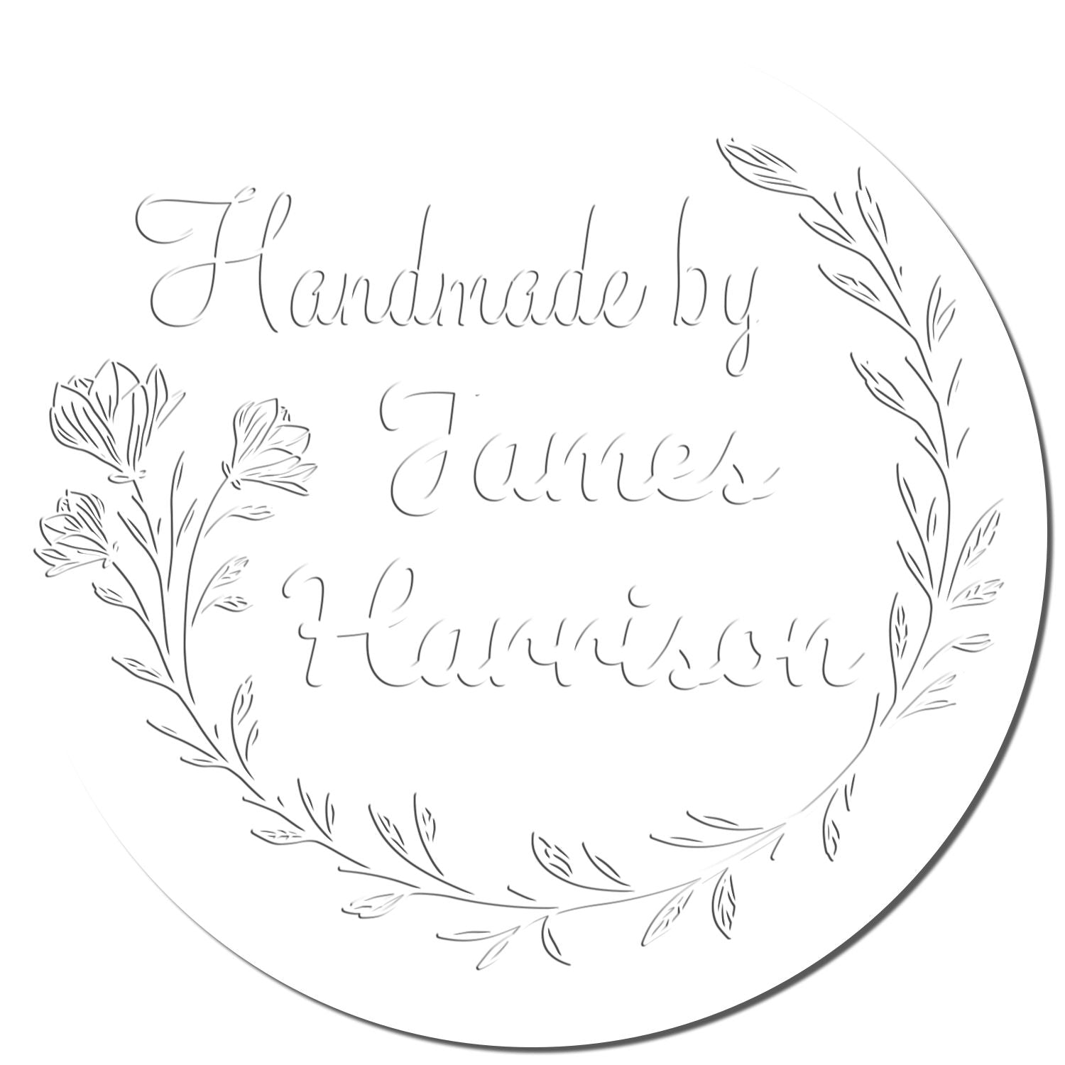 White round handmade seal stamp with gray floral wreath and script text Handmade by Farris Harrison