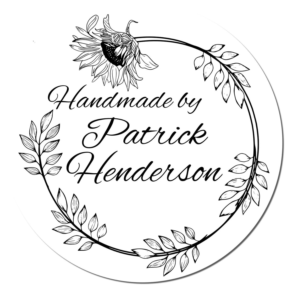 Black-and-white circular handmade stamp seal with floral wreath and script text, Handmade by Patrick Henderson.