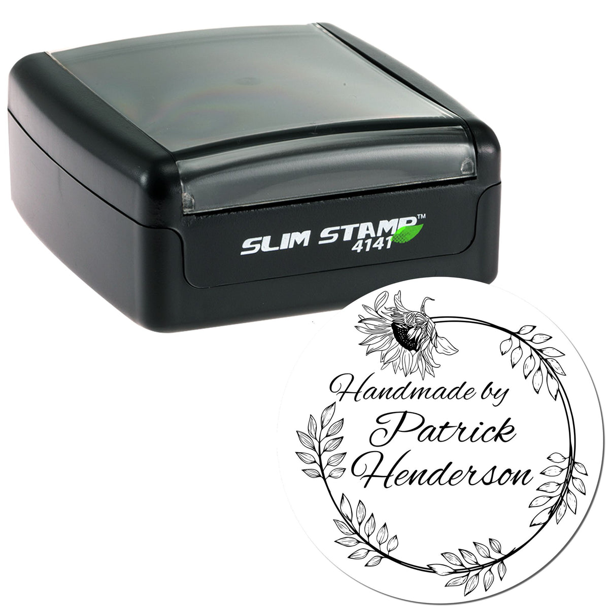 Black Slim Stamp 4141 with clear lid and white custom circular seal featuring floral wreath and Handmade by Patrick Henderson text.