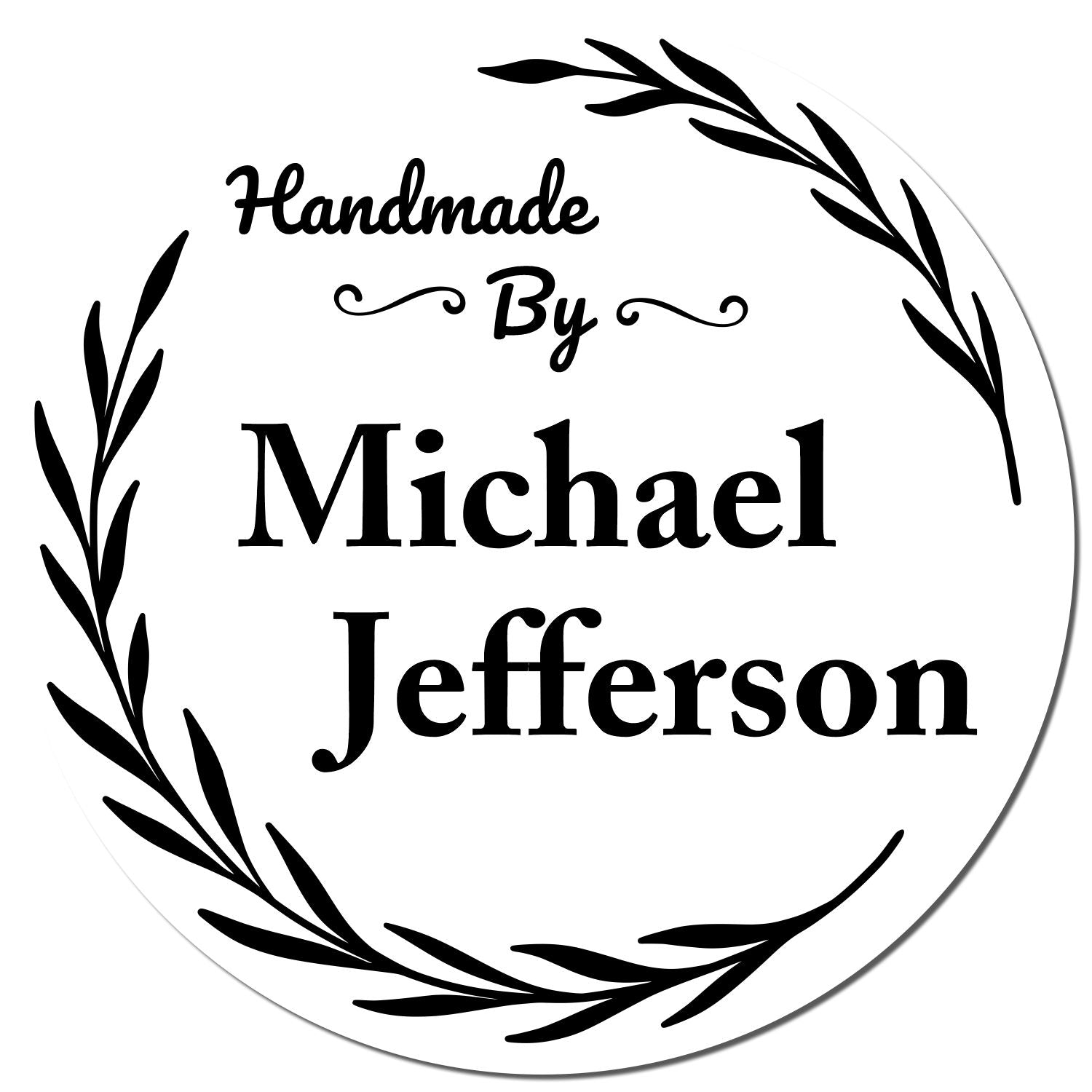 Black-and-white round handmade seal with laurel wreath and text Handmade By Michael Jefferson.