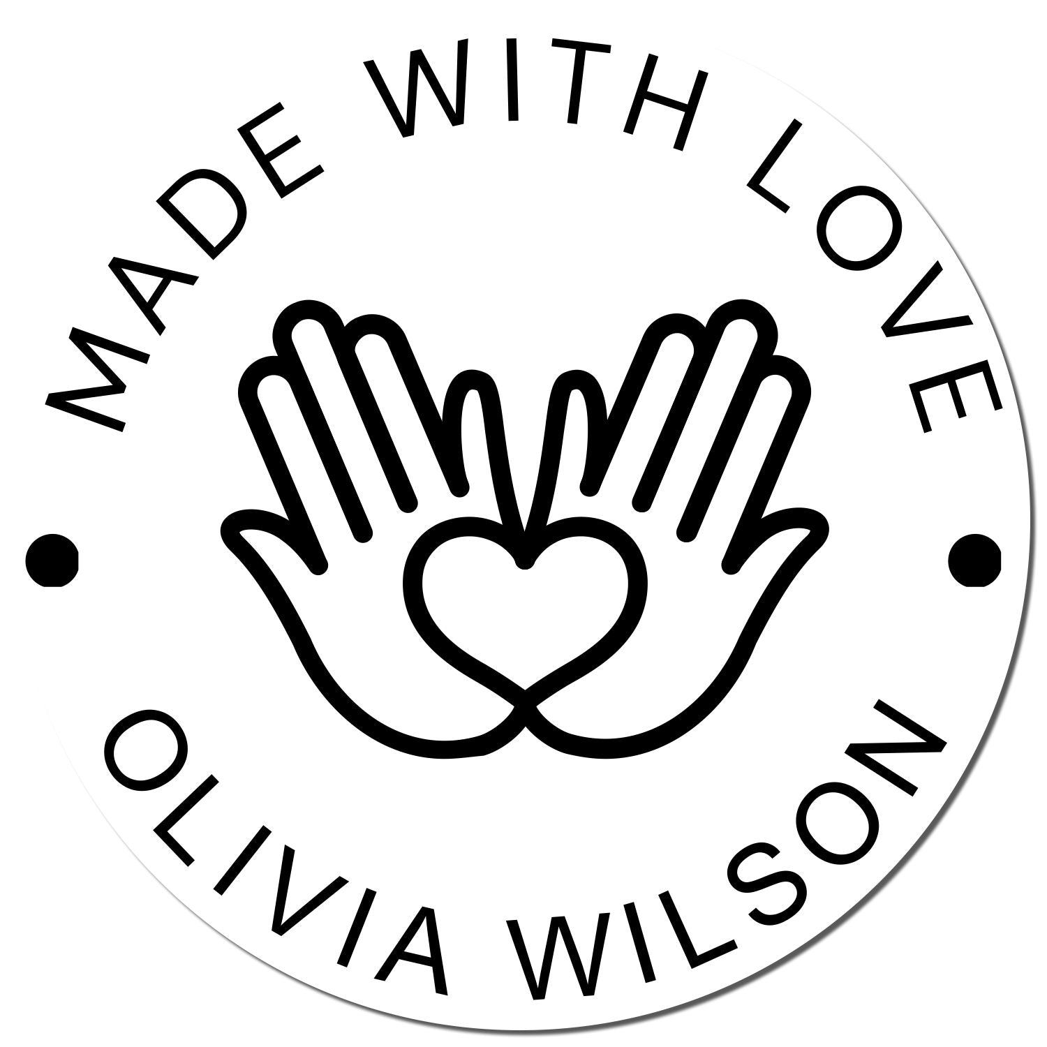 Circular black-and-white stamp seal with hands forming a heart and the words Made With Love Olivia Wilson.