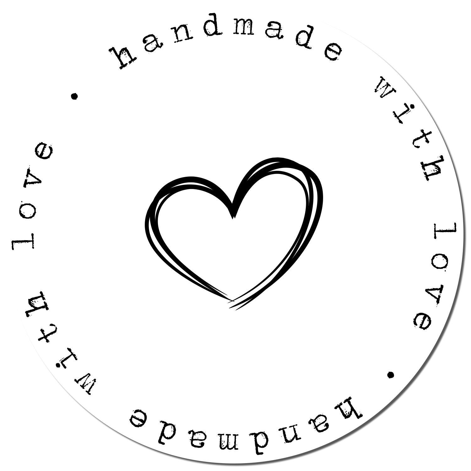 Black handmade with love round stamp seal featuring a heart outline on a white circular background.