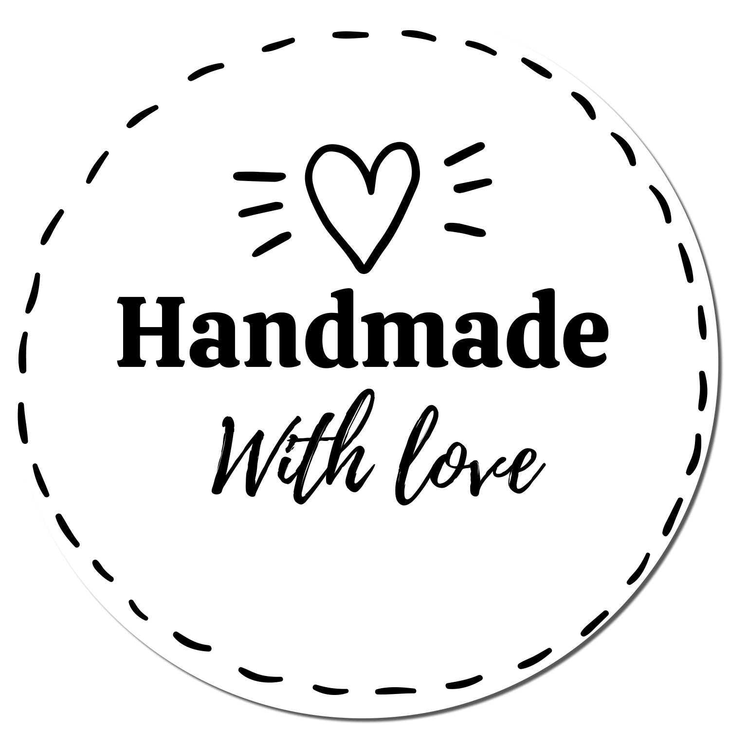 Round white handmade seal stamp with black dashed border, heart icon, and Handmade with love text.