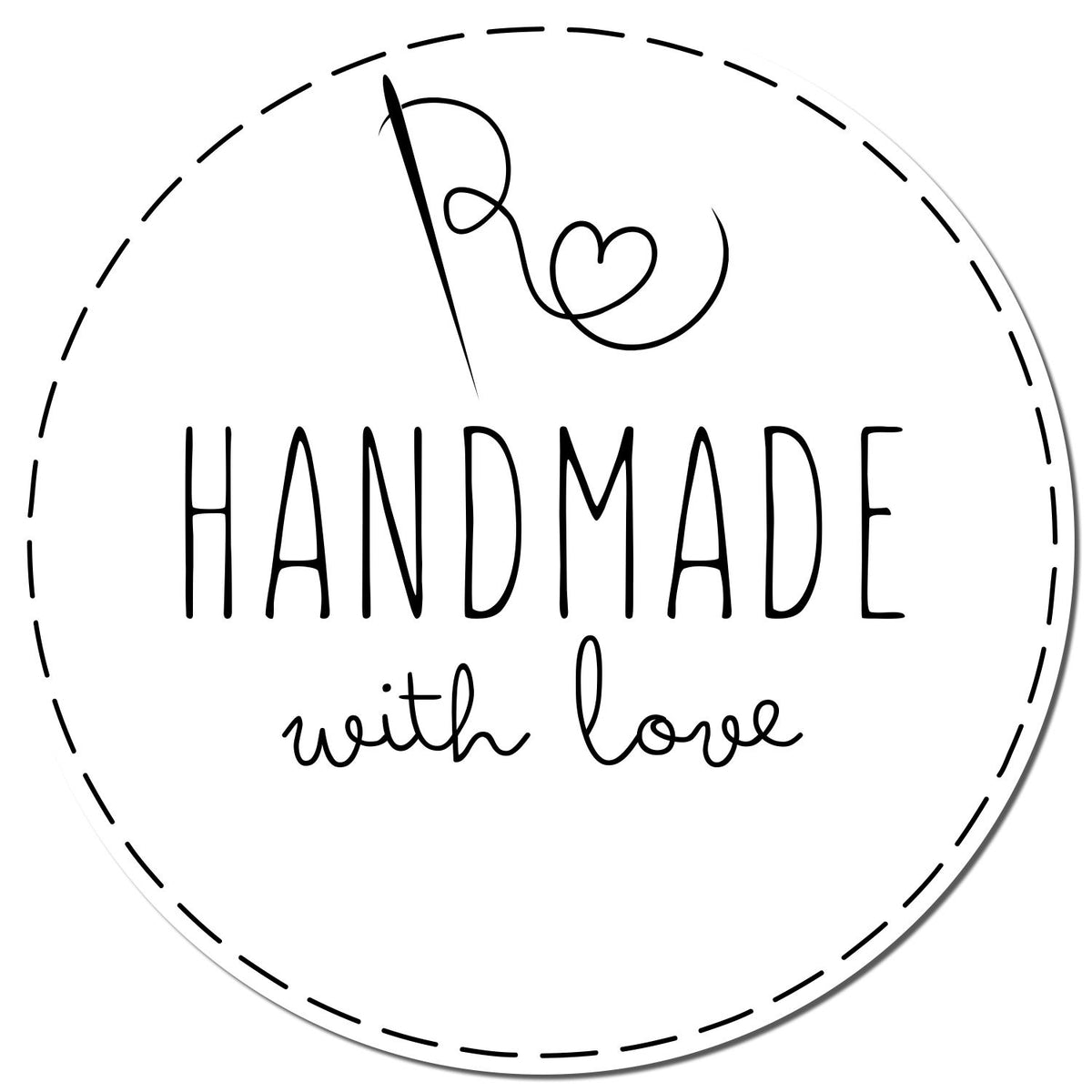 Black-and-white circular handmade stamp seal with dashed border, heart accent, and “HANDMADE with love” text.