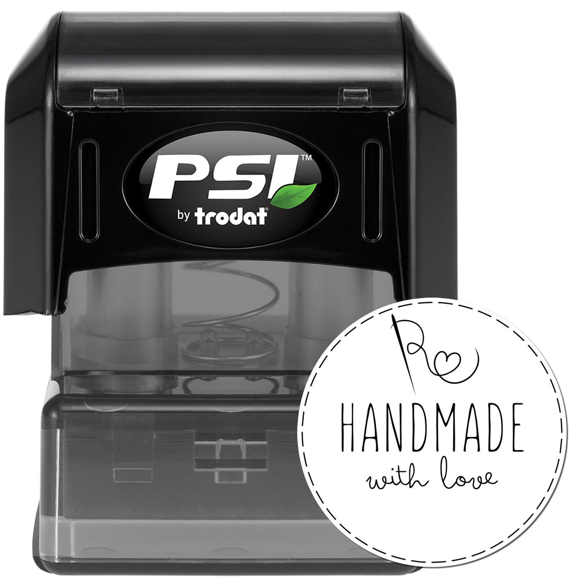 Black PSI by Trodat self-inking stamp with white round Handmade with love seal