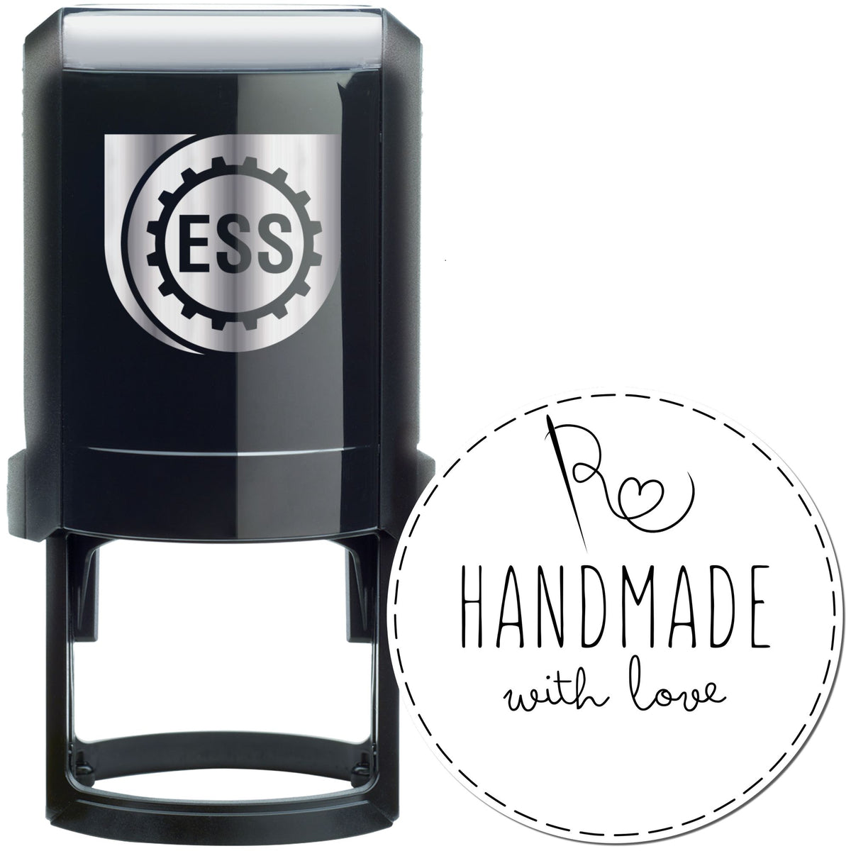 Black self-inking ESS stamp and round white handmade with love seal with dashed border.