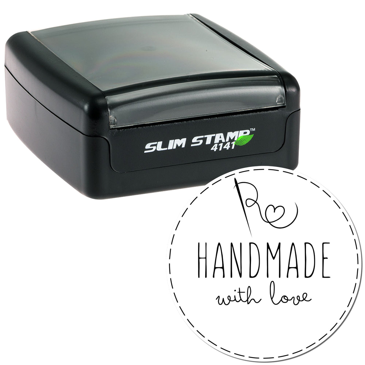 Black Slim Stamp 4141 self-inking stamp with transparent cover and round white handmade seal reading HANDMADE with love.