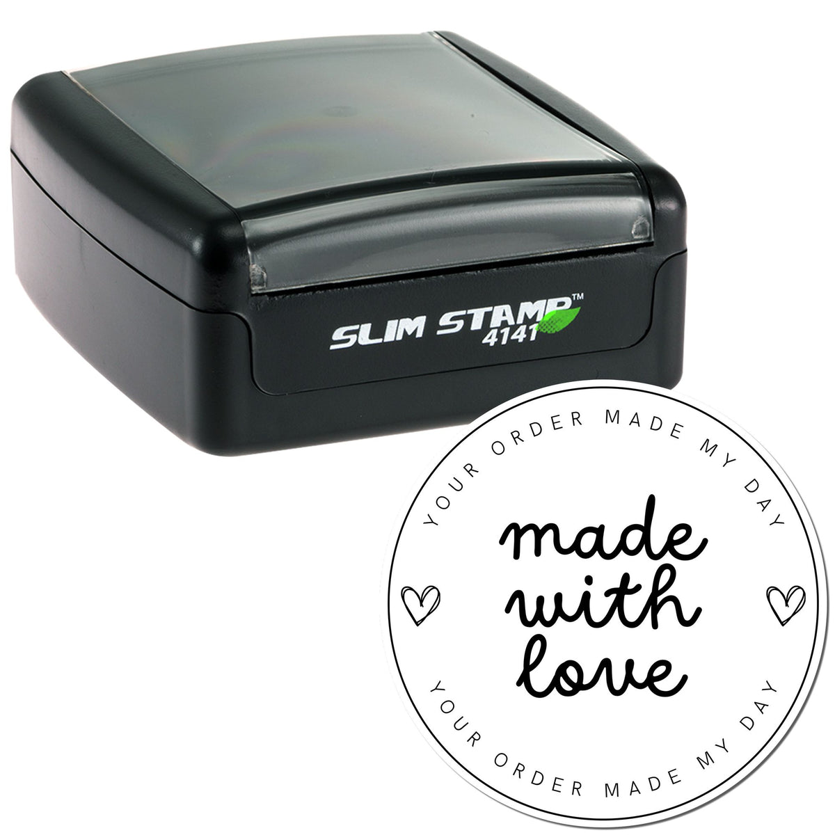 Black Slim Stamp 4141 with translucent cover and round custom seal reading “made with love” on white background