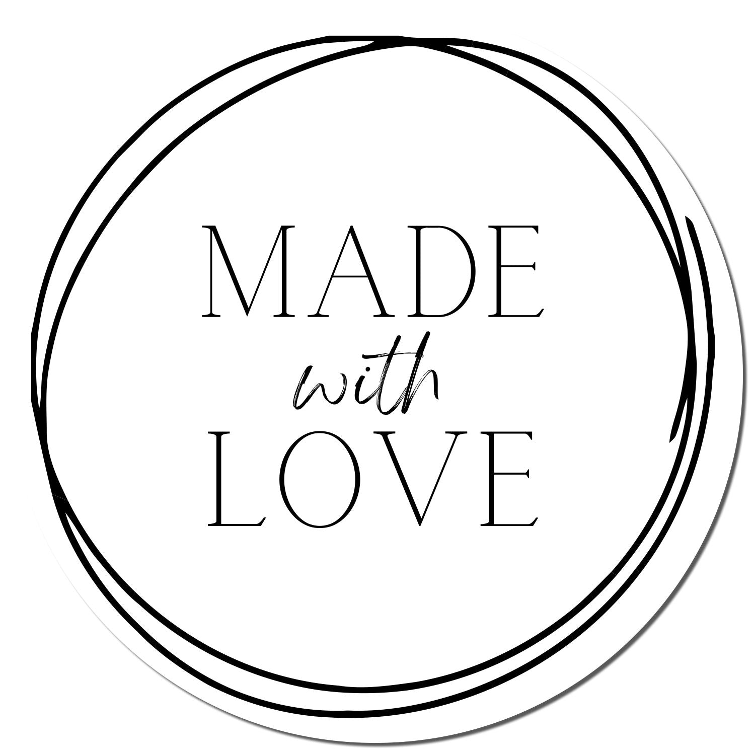 Black circular stamp seal with double border and MADE with LOVE text on a white background.