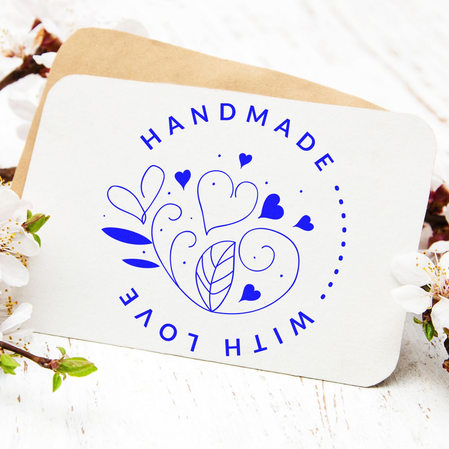 Blue handmade with love stamp seal on white card, featuring heart and floral swirl design on kraft backing.