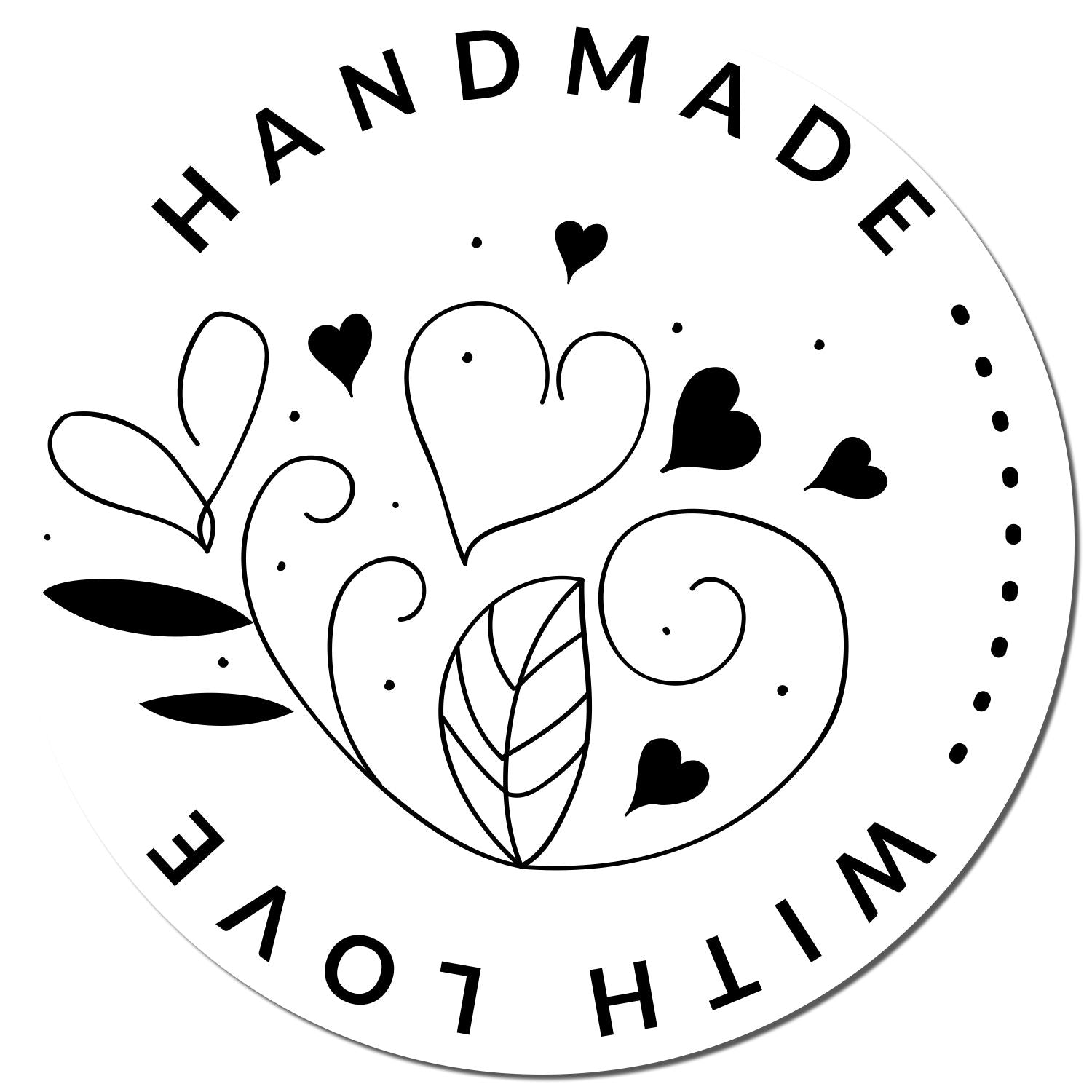 Round handmade with love stamp seal in black and white, with hearts, leaves, and swirling floral accents.
