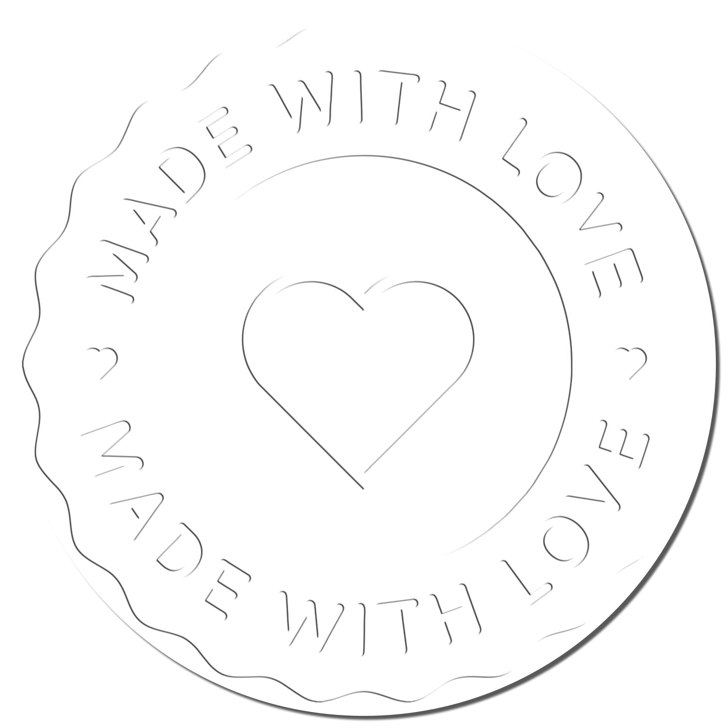 Round white embossed stamp seal with heart center and curved text reading Made with Love.