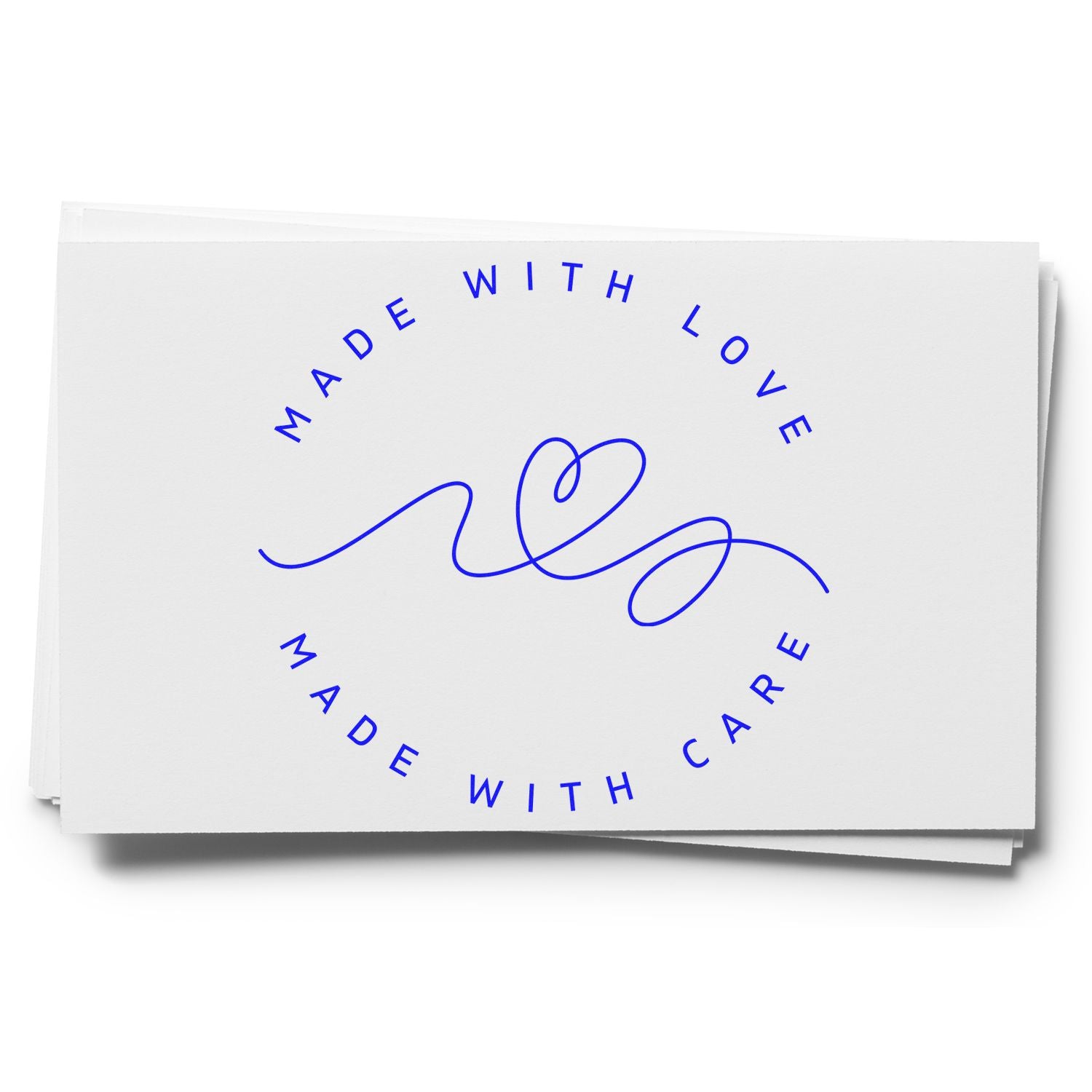 White stamp/seal cards with blue Made with love, made with care circular text and heart line design.