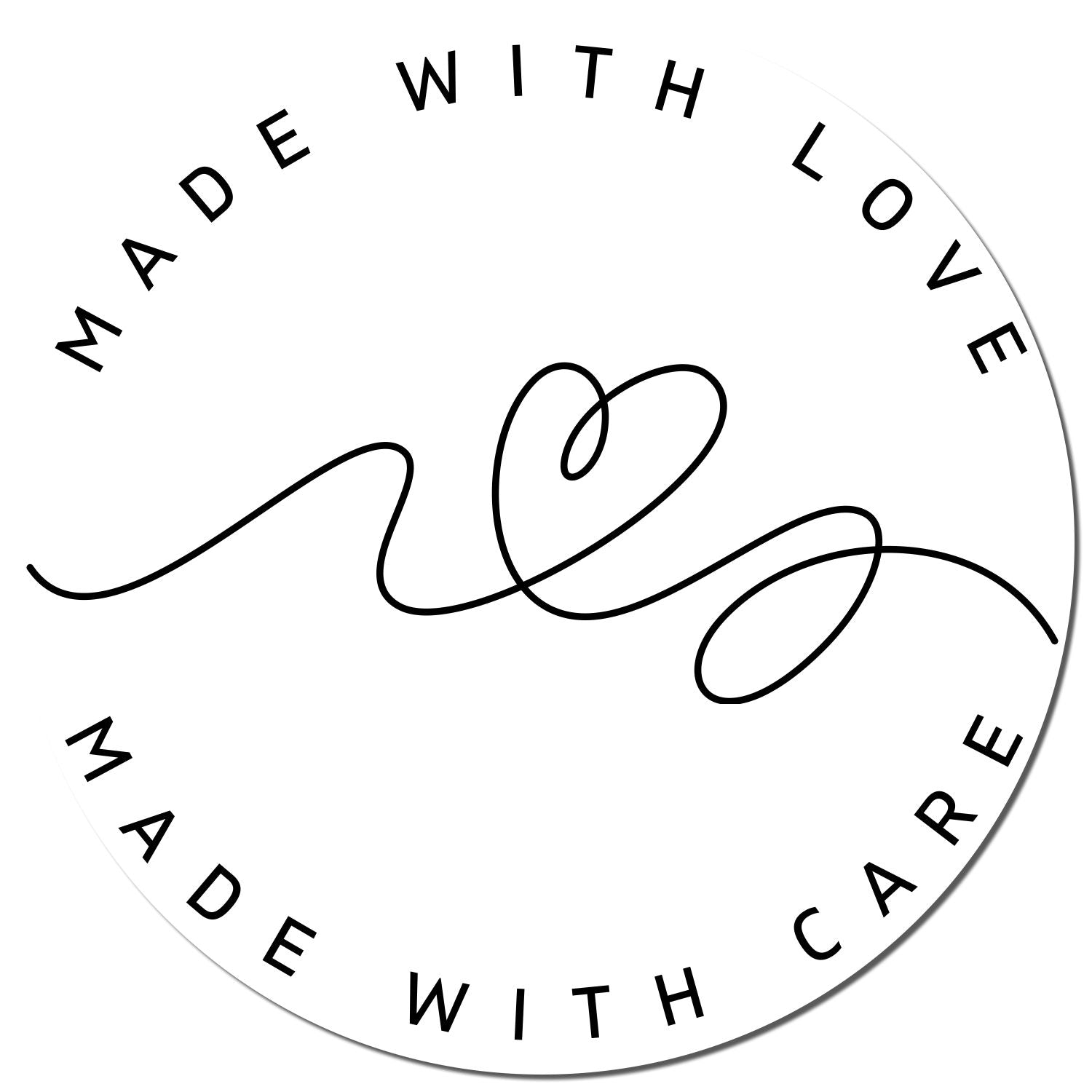 Round white stamp seal with black Made with Love text and flowing heart-style script.