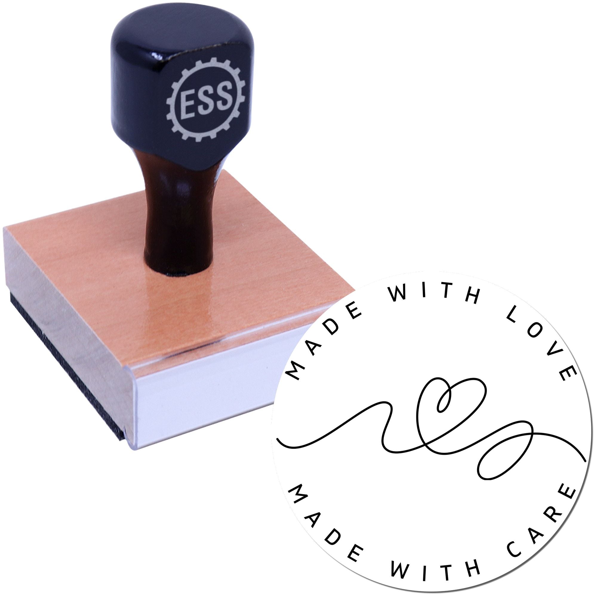 Navy embossing stamp on wooden base with ESS logo, plus circular Made With Care seal.