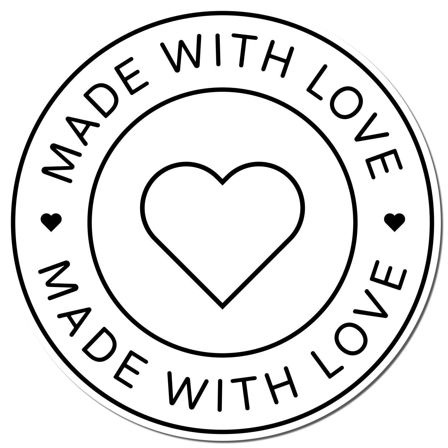 Black-and-white circular stamp seal with a heart icon and bold Made With Love text.