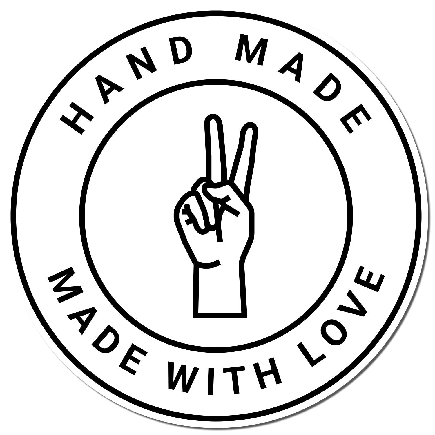 Black-and-white round handmade seal stamp with peace-sign hand icon and “Hand Made With Love” text.