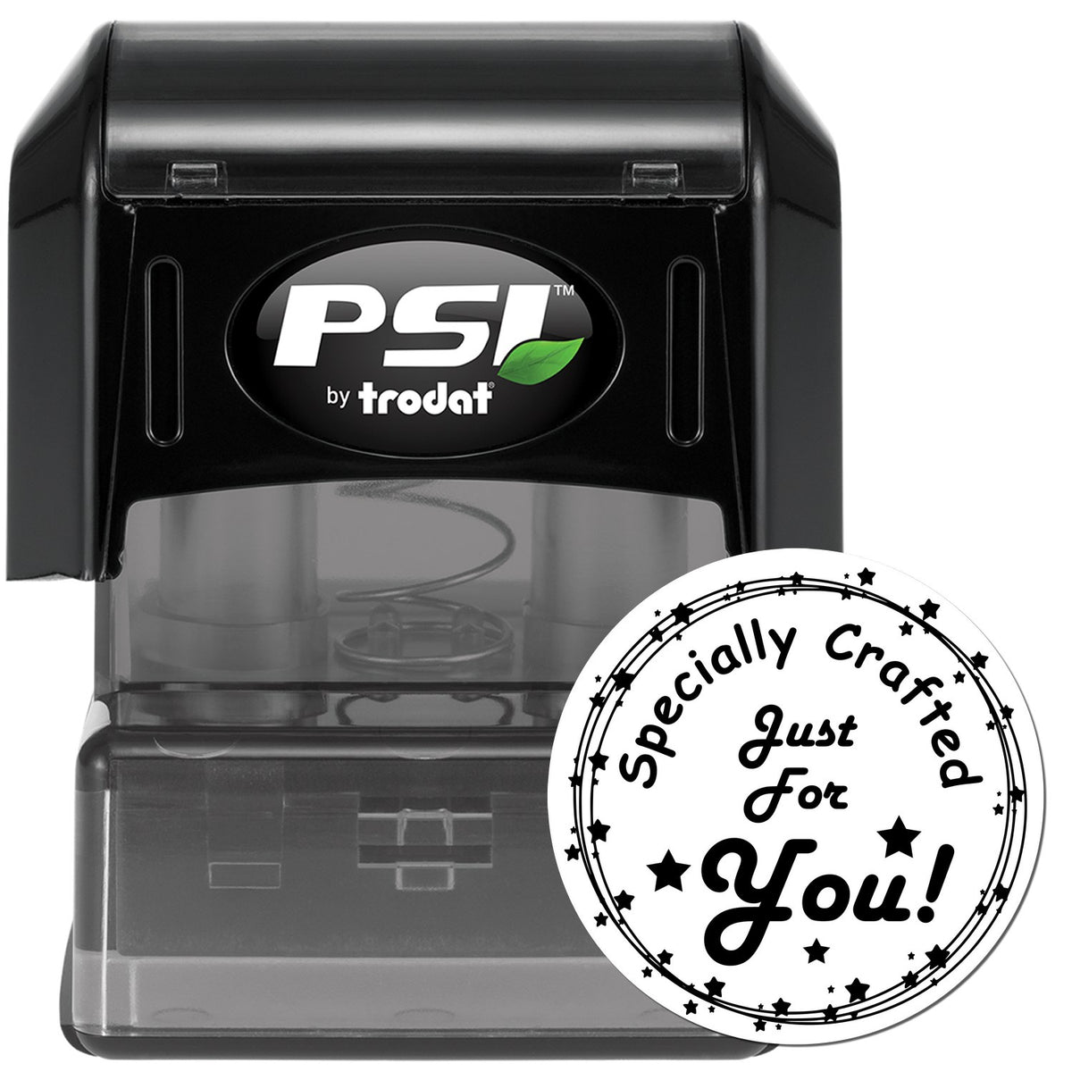 Black PSI by Trodat self-inking stamp with clear base and white star border seal reading Specially Crafted Just For You!