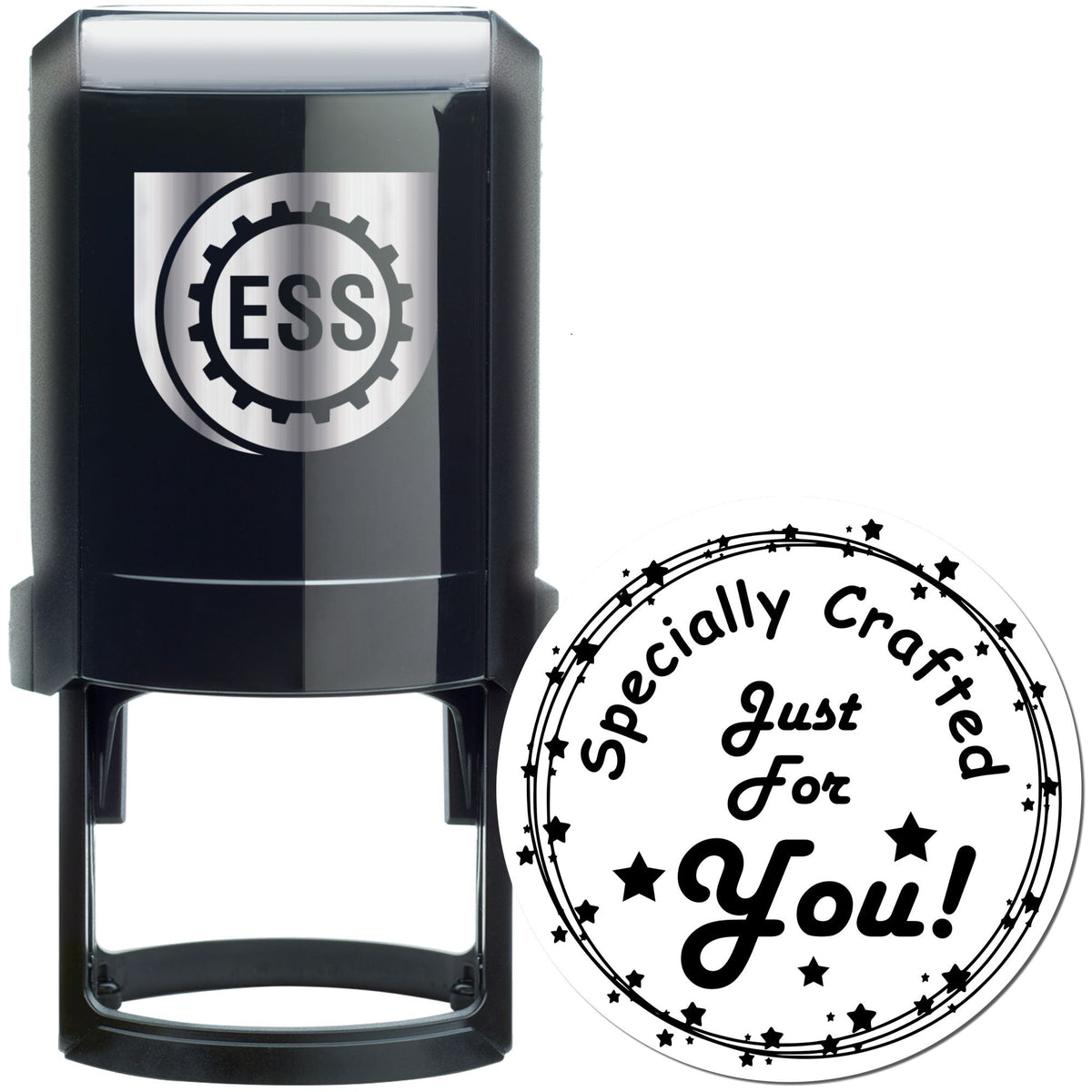 Black self-inking stamp and round seal with ESS gear logo and Specially Crafted Just For You! in black and white