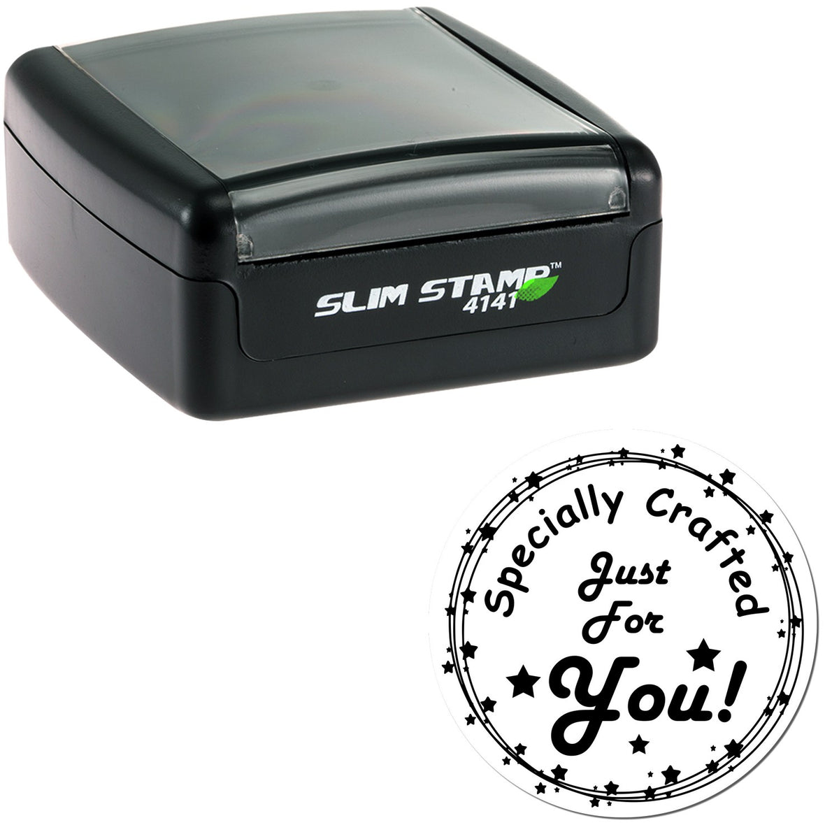 Black Slim Stamp 4141 self-inking stamp with clear lid and circular seal reading Specially crafted just for You! with stars