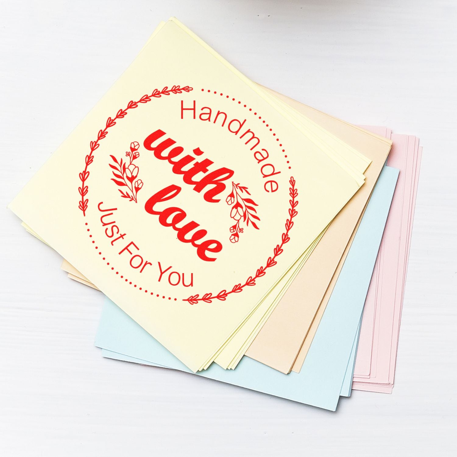 Pastel stamp and seal sheets with red With Love handmade floral wreath and Just For You text