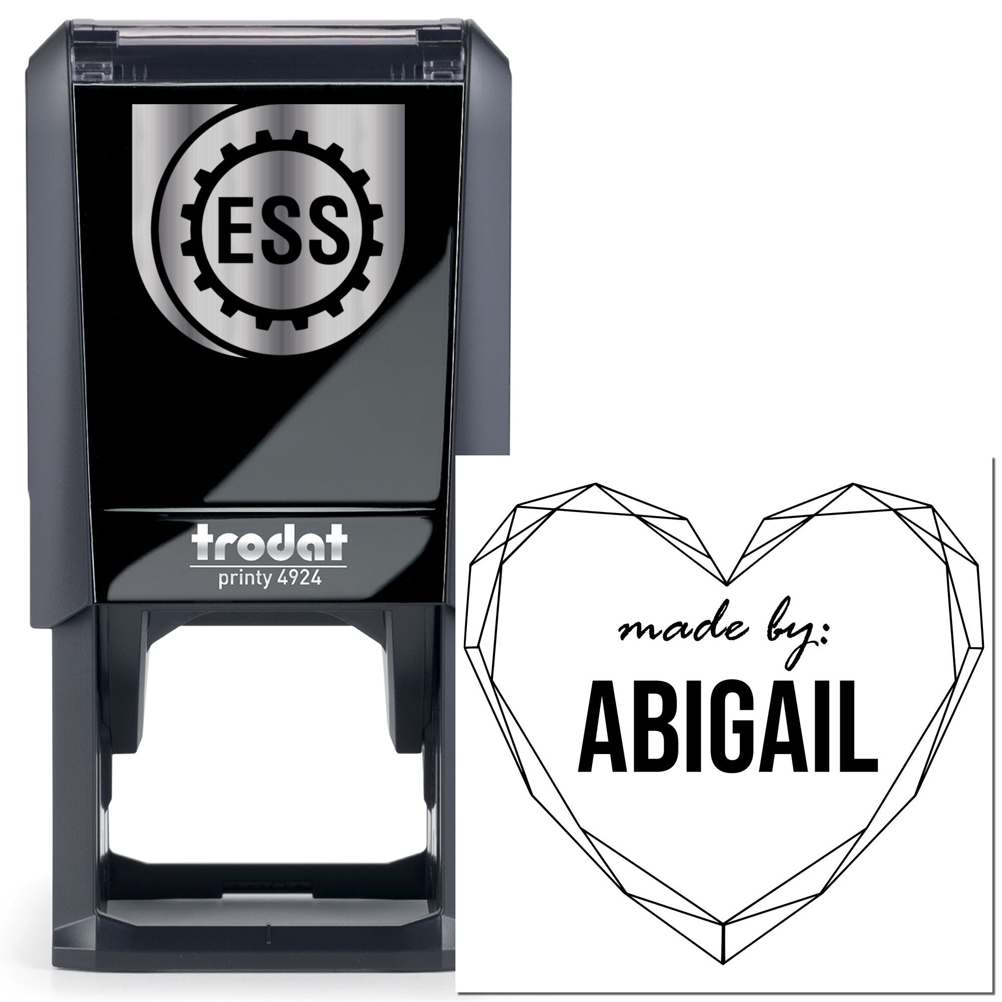 Black Trodat self-inking stamp and white heart seal with silver ESS logo and made by: ABIGAIL text.