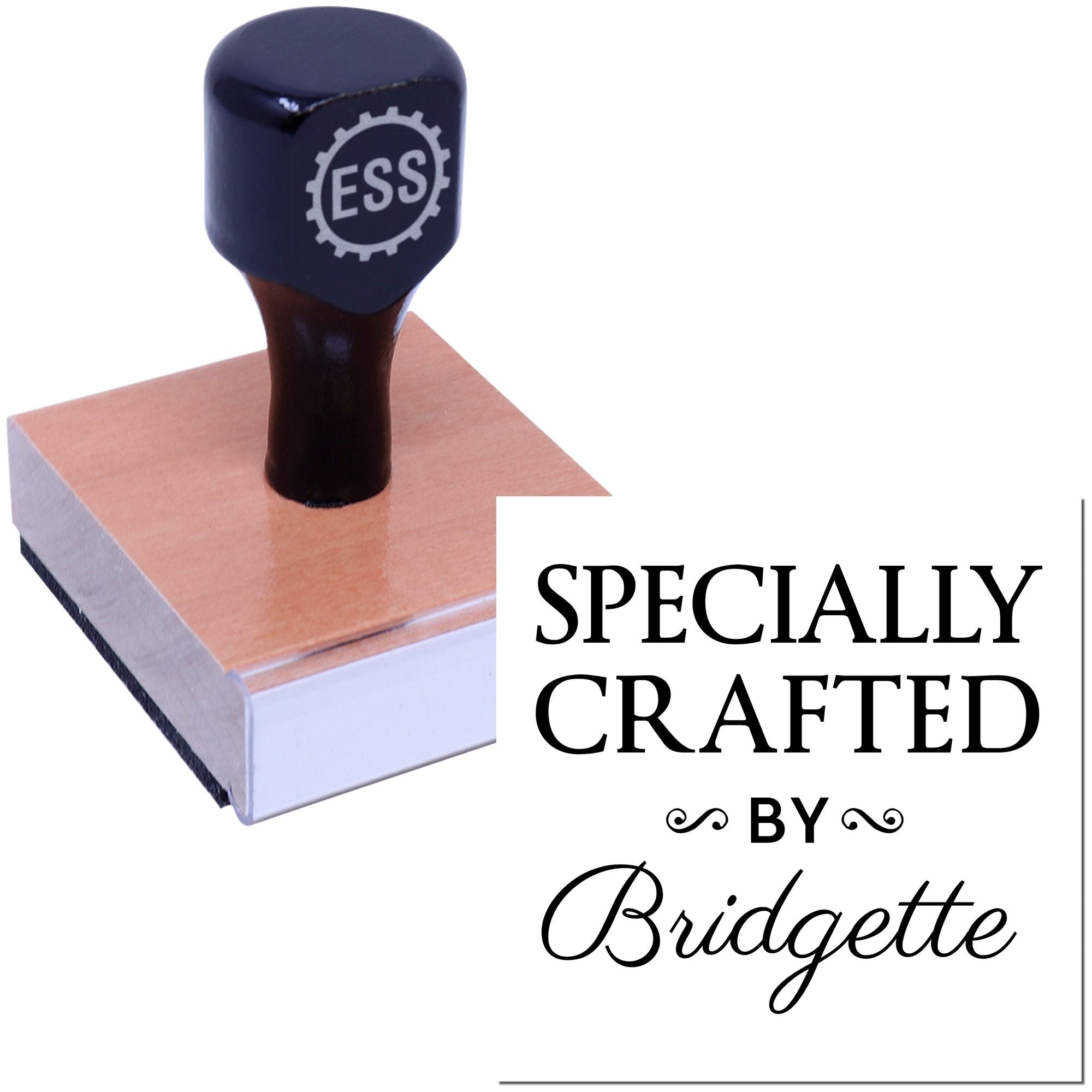 Black ESS rubber stamp and seal on copper base with white Specially Crafted by Bridgette text