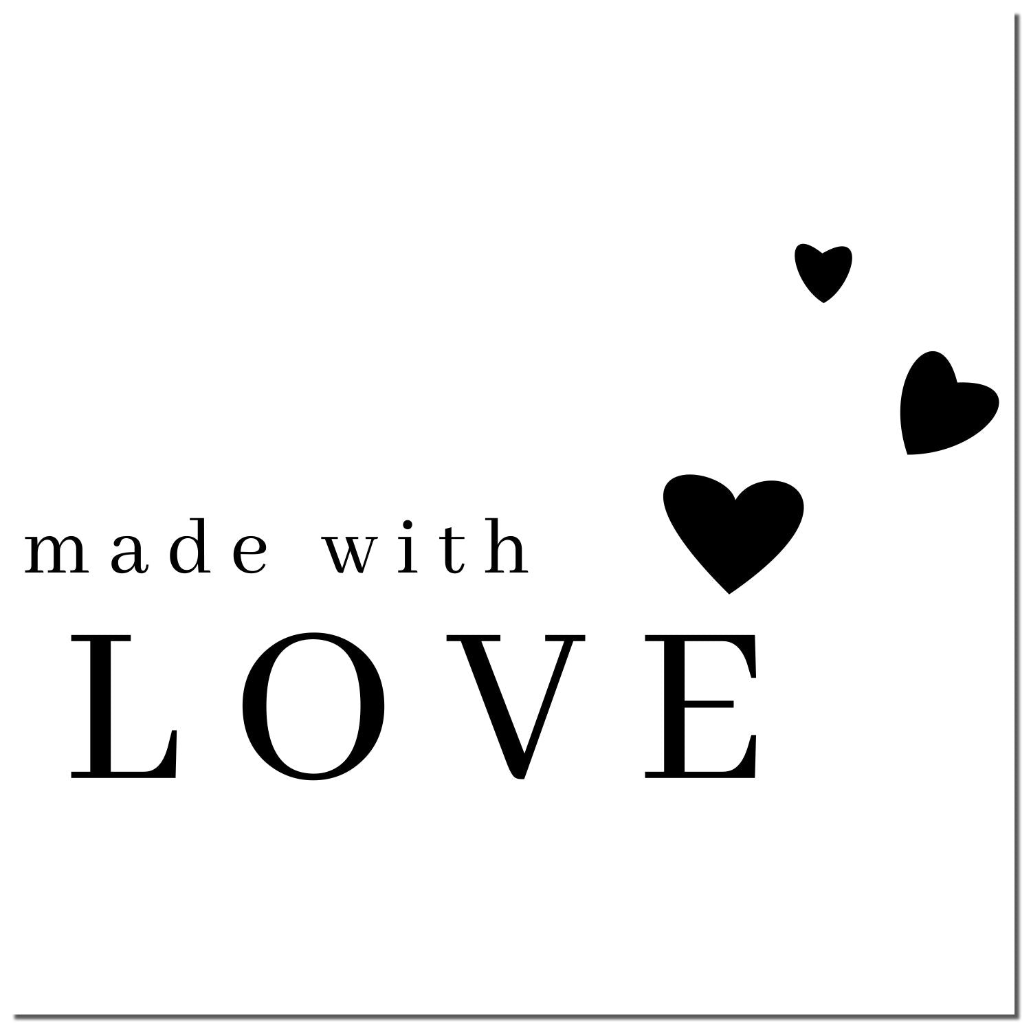 Black made with LOVE stamp with three heart seals on a white background.