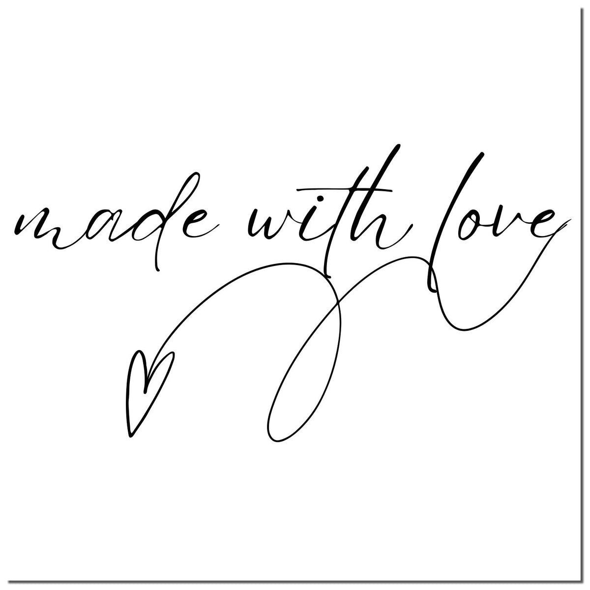 Black cursive made with love stamp with heart flourish on white background for custom seal products.