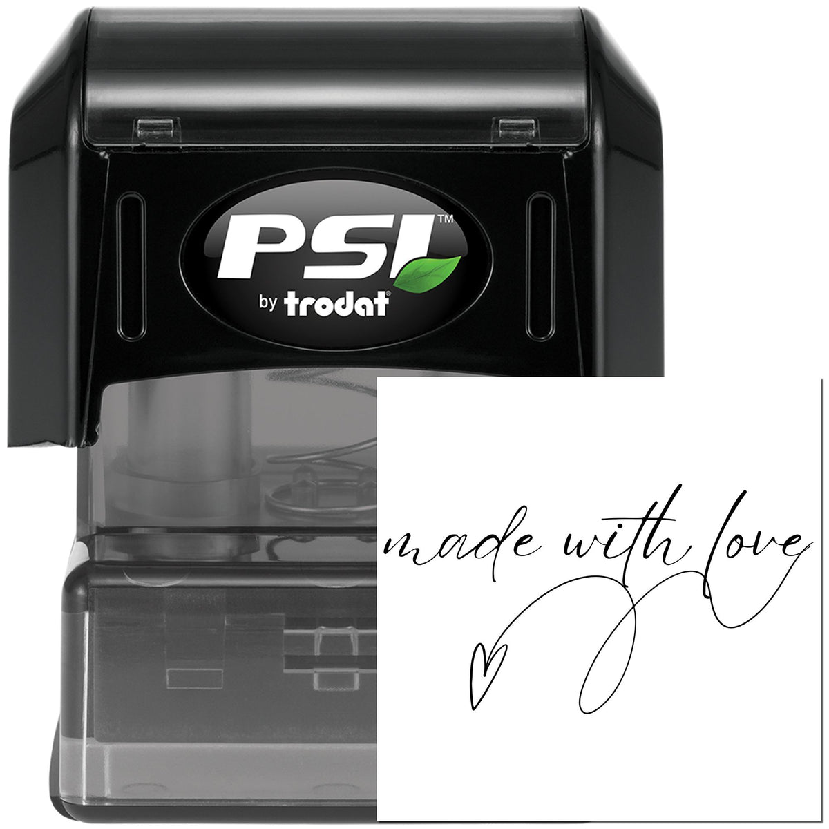 Black PSI by Trodat self-inking stamp and seal with white made with love cursive imprint and heart.