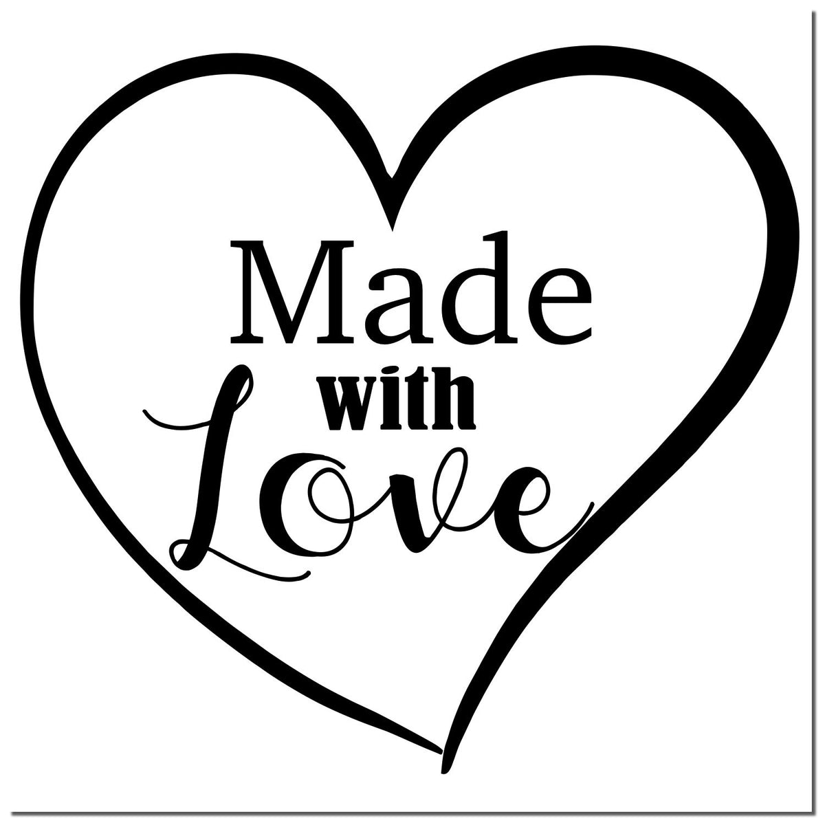 Black heart-shaped stamp seal with “Made with Love” in bold serif and script lettering on a white background.