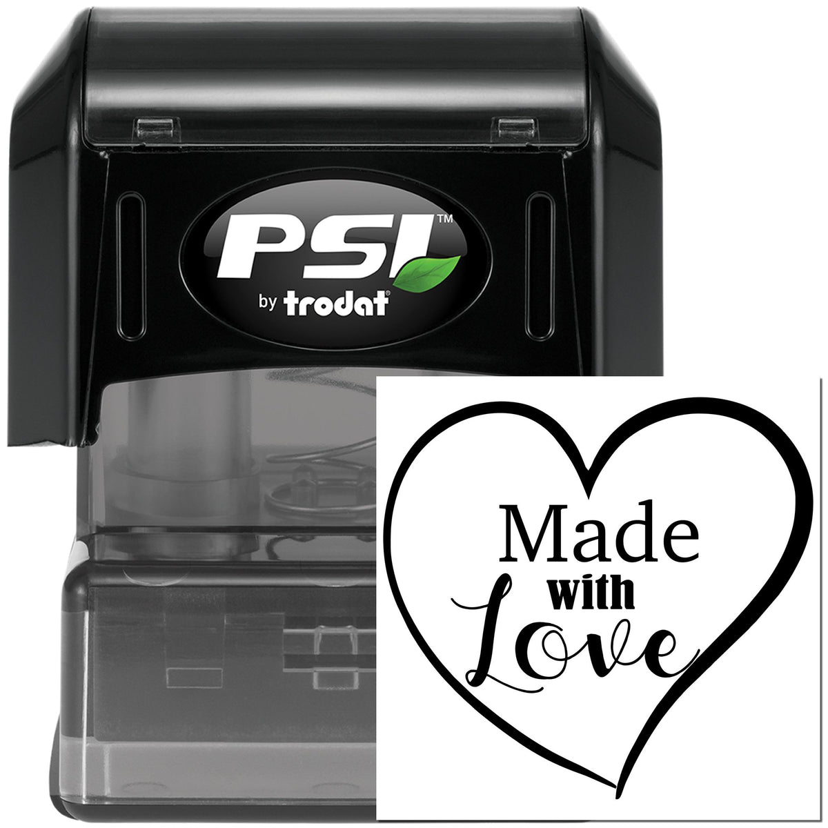 Black PSI by Trodat self-inking stamp and heart-shaped Made with Love seal on a white background.