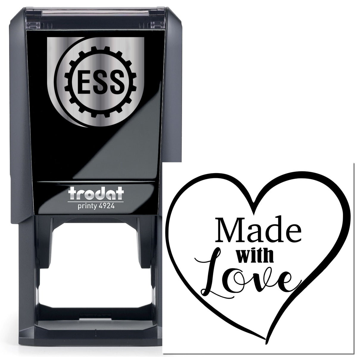 Black self-inking stamp and seal with ESS gear logo and heart-shaped “Made with Love” design on white background.