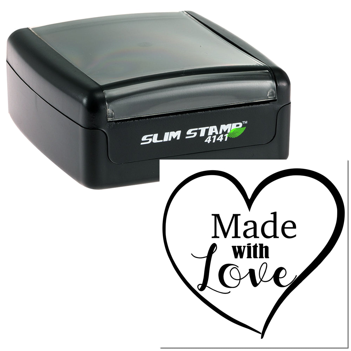 Black Slim Stamp self-inking stamp with translucent top and heart-shaped “Made with Love” seal design on white background