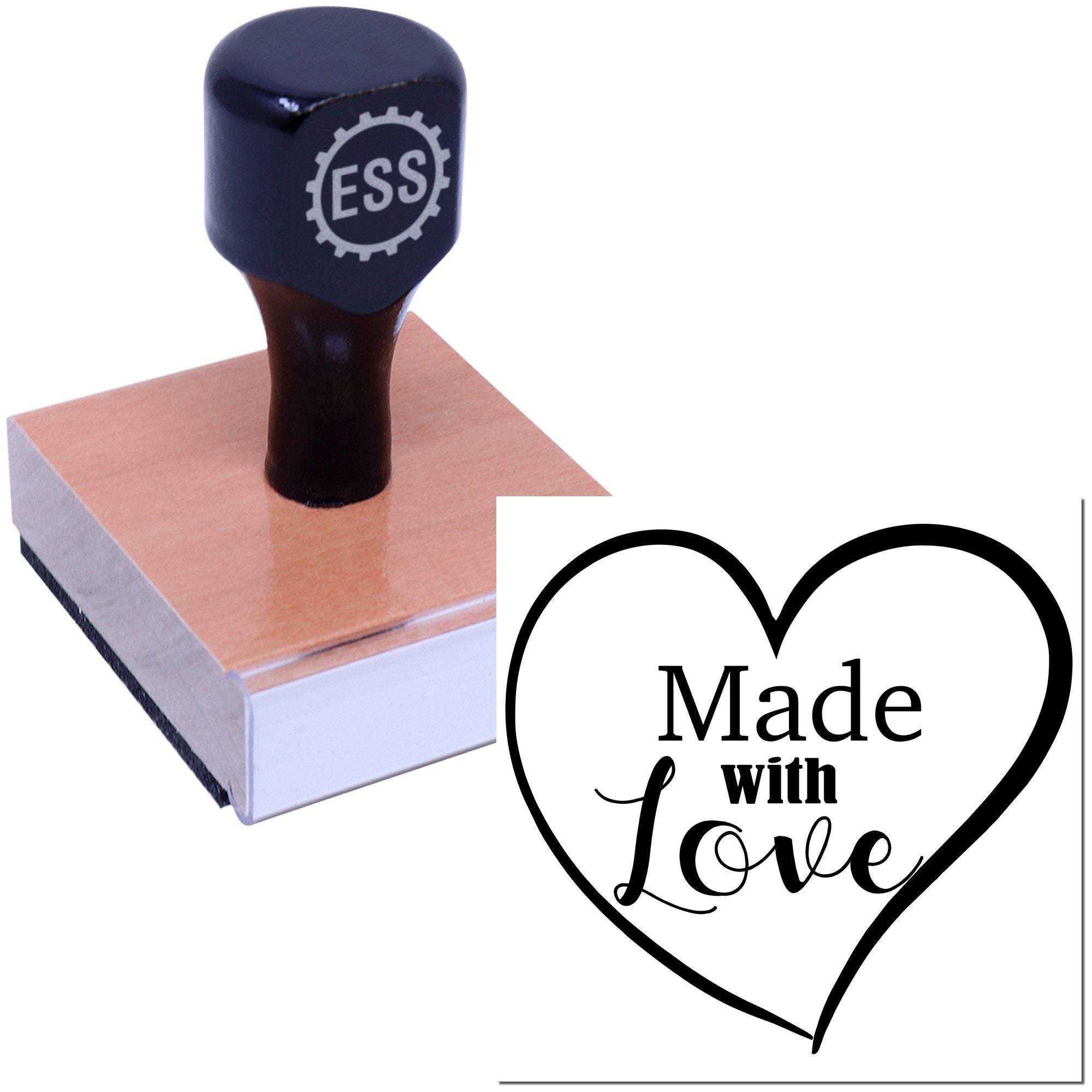 Black self-inking stamp and wooden seal block with heart-shaped Made with Love design on white background.