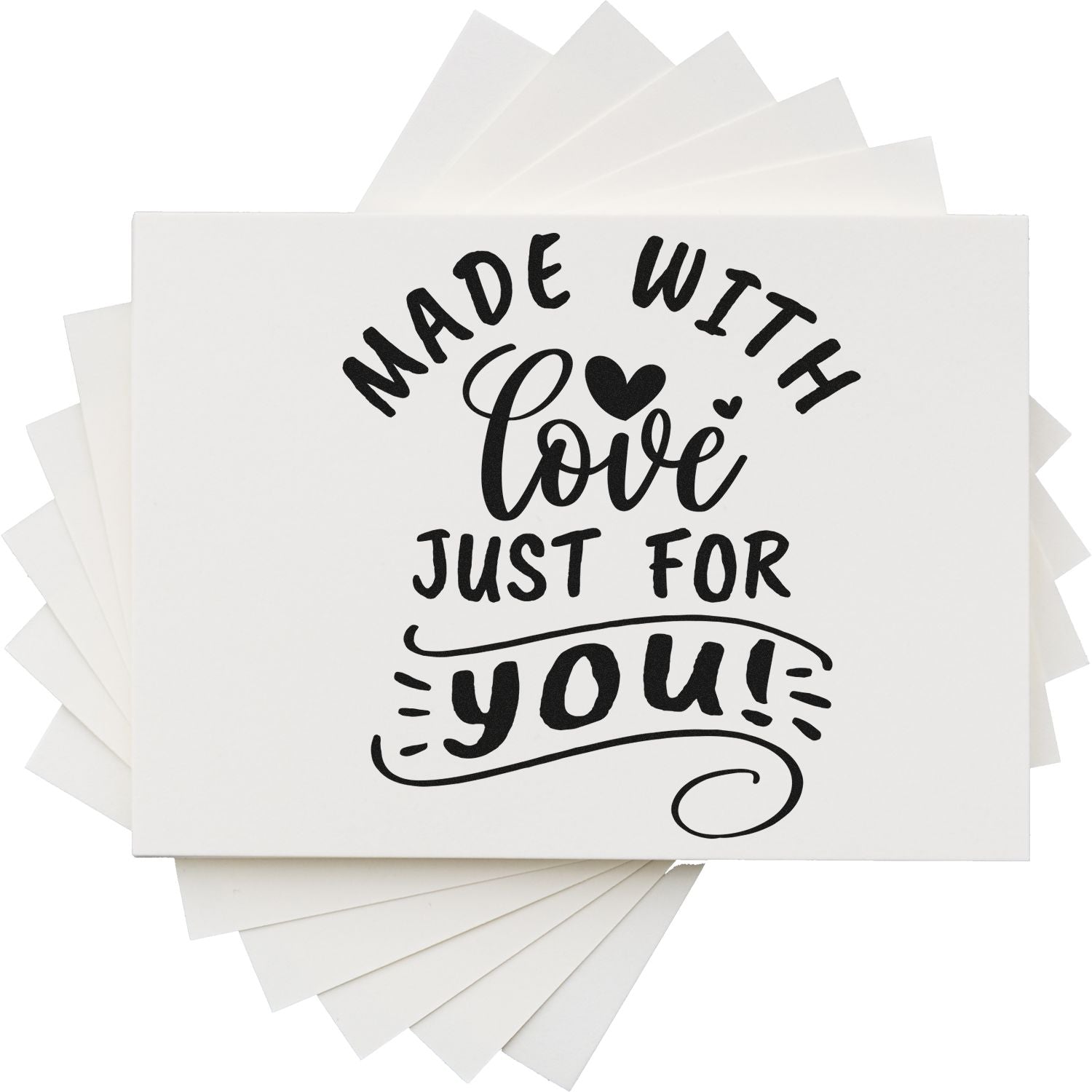 White stamp and seal cards with black Made with love just for you! lettering, heart accents, stacked in a fan.