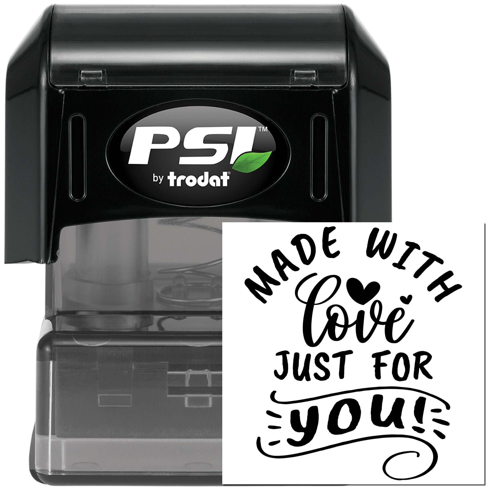 Black PSI by Trodat self-inking stamp and seal set with a sample Made with love just for you! design in black script.